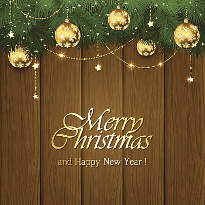 木制背景上的金色圣诞装饰图片下载