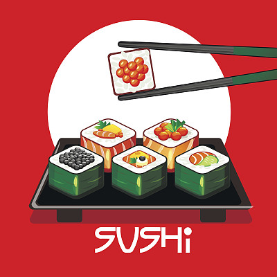 寿司卷和筷子放在盘子里图片下载