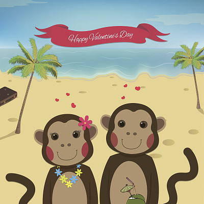 浪漫的情侣猴子情人节卡片。图片下载