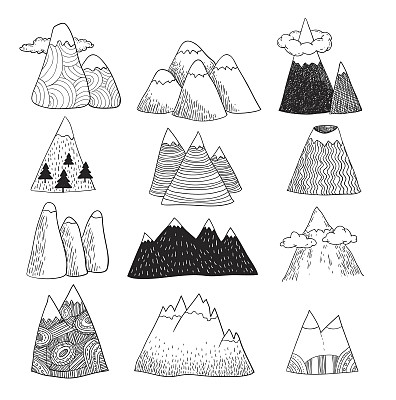 Set of hand Drawn mountains vector插图。图片下载