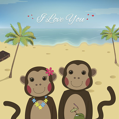 浪漫的情侣猴子情人节卡片。图片下载