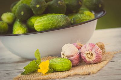 复古照片，金属碗里的黄瓜和花园里的大蒜图片下载