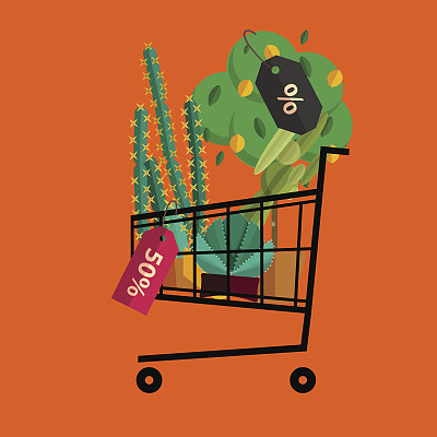 花店。装有植物的购物车。花店平面设计。图片下载