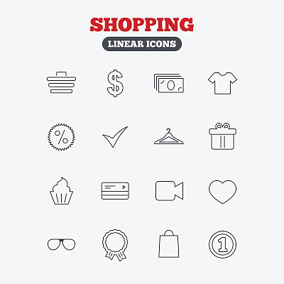 购物的图标。衬衫、礼品盒和货币。图片下载