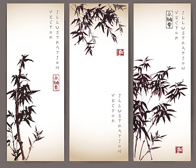 三个用竹子做的复古横幅图片下载
