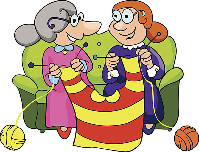 两个奶奶编织毛衣，矢量插图在白色的背景图片下载