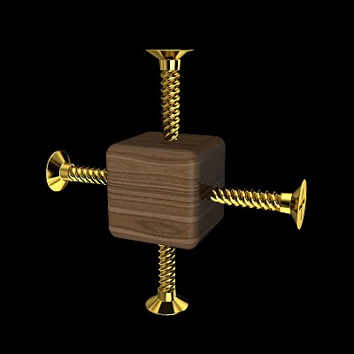 木制立方体与扭曲的螺丝形式的十字。图片下载