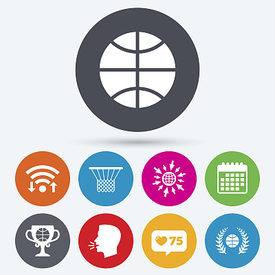 篮球的图标。有篮子和杯子标志的球。图片下载