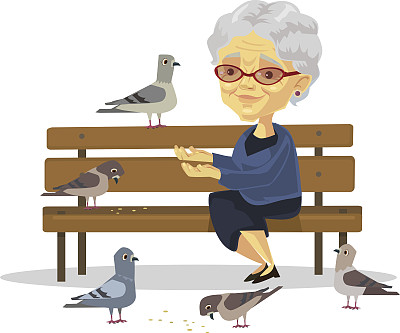喂鸟的老妇人。矢量平面插图图片下载