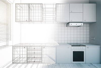 设计新的白色厨房内部蓝图，3D渲染图片下载