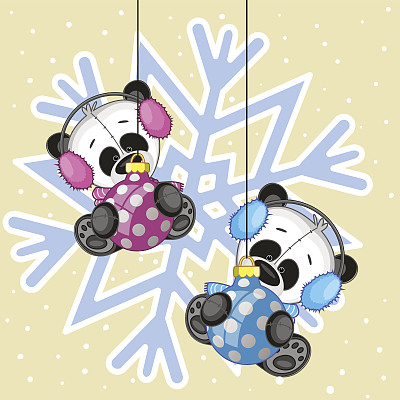 两只戴着毛皮耳机的熊猫图片下载