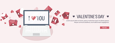 矢量插图。平板背景与笔记本电脑。爱,心。情人节图片下载