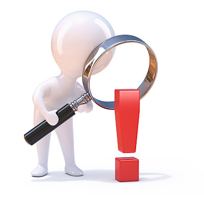3d小个子男人通过放大镜看感叹号图片下载