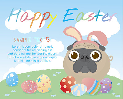 小兔子哈巴狗带着五颜六色的复活节彩蛋在草地上，复活节快乐。图片下载