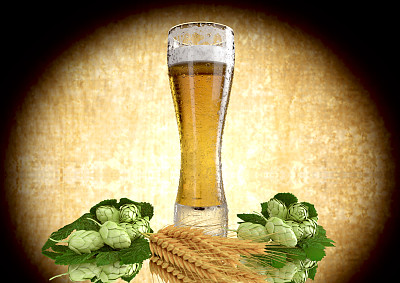 啤酒与大麦和啤酒花- 3D渲染图片下载