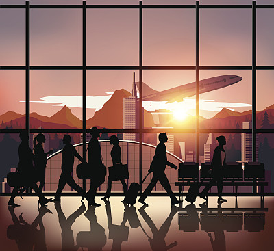 信息图与剪影的人在机场的背景。图片下载