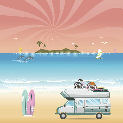 夏季海滩露营岛屿景观与大篷车露营者图片下载