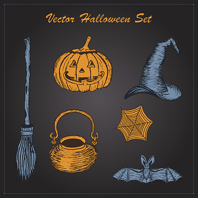 矢量手绘万圣节设置在黑暗的背景图片下载