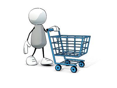 推着蓝色购物车的小不点男人图片下载