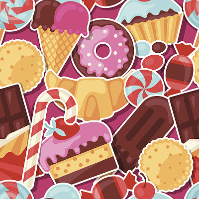 无缝图案彩色贴纸糖果、糖果、蛋糕。图片下载