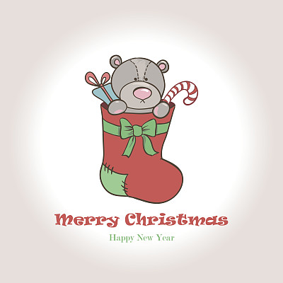 向量的圣诞贺卡。袜子里的泰迪熊图片下载