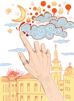 女性的手在天空中画着云图片下载