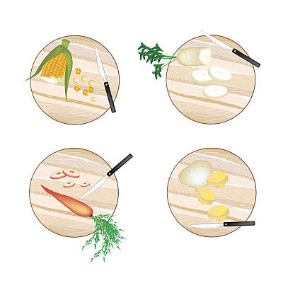 切菜板上的玉米，萝卜，胡萝卜和土豆图片下载