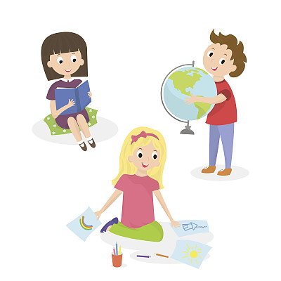 孩子们在做不同的活动。孩子们画画和学习。矢量图图片下载