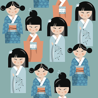 传统的日本娃娃。小木偶娃娃。无缝的背景图案。图片下载