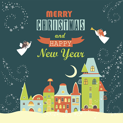 城市上空的两个天使，圣诞贺卡图片下载