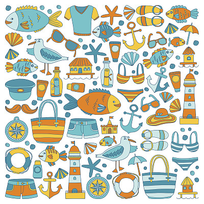 涂鸦海滩和旅游图标手绘图片图片下载