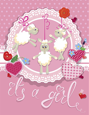 粉红色的婴儿送礼卡片，上面有绵羊和心形图案图片下载