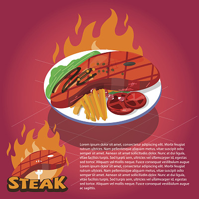 有火背景的牛排盘。排版设计。热牛排图片下载