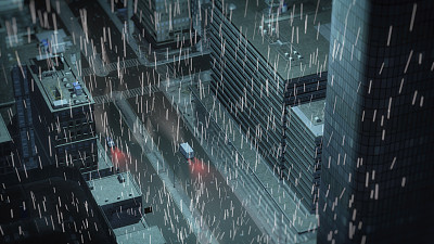 雨夜摩天大楼城市的航拍。图片下载