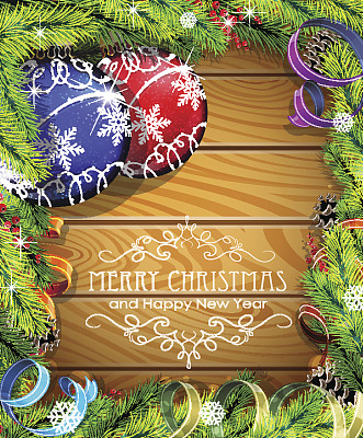 木制背景上的蓝色和红色圣诞球图片下载