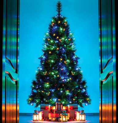 门开着，通向一个为圣诞节装饰的漂亮的客厅图片下载