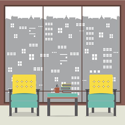 宽玻璃窗前放着书的沙发图片下载