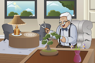 老人照顾盆景图片下载