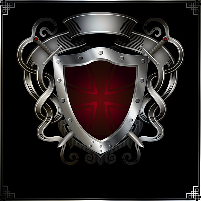 古代盾牌与剑和抽象卷轴。图片下载