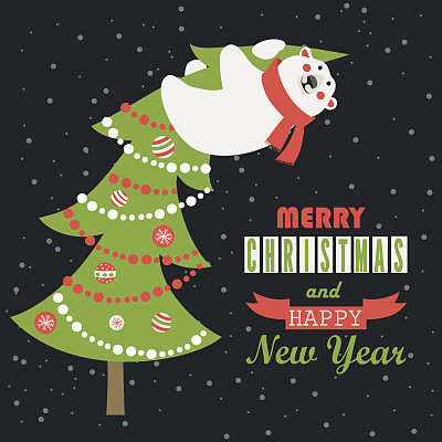 贺卡上，北极熊爬上了圣诞树图片下载