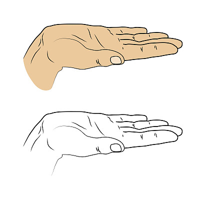 张开手掌。绝缘黑色轮廓，彩色绘制裁剪手。向量图片下载