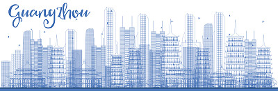 用蓝色建筑勾勒出广州的天际线。图片下载