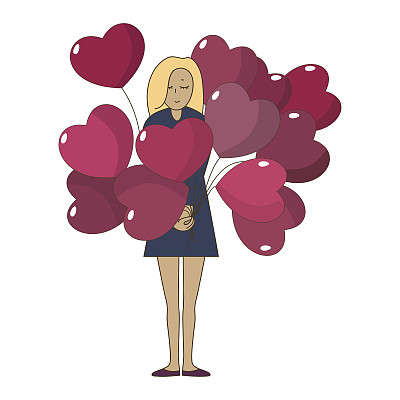 金发碧眼，穿着蓝色裙子，手里拿着一束气球图片下载