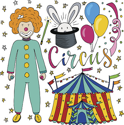 马戏团手绘收集多彩的小丑，气球，帐篷和图片下载