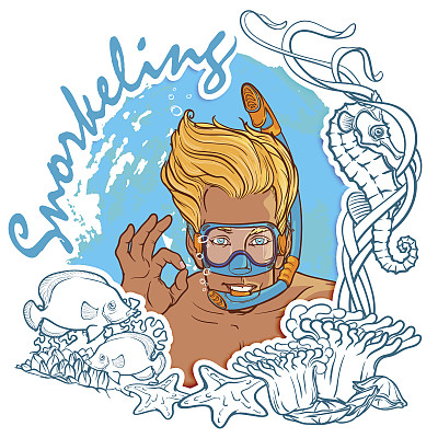 金发男孩浮潜在框架图片下载