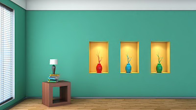 绿色的内饰，白色的架子和花瓶图片下载