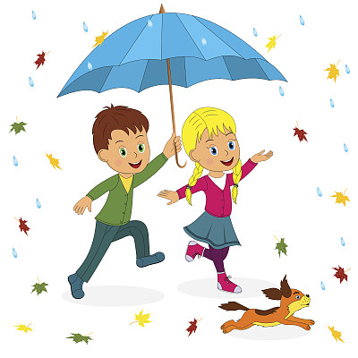 男孩，女孩和狗在伞下奔跑图片下载