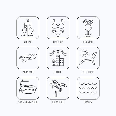 巡航，波浪和鸡尾酒图标。酒店标志。图片下载