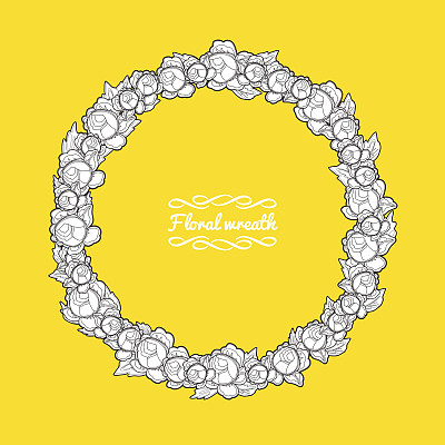 花圈，矢量插图，玫瑰和叶子，线条设计图片下载