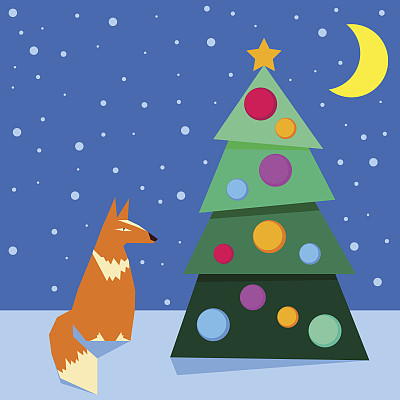 寒假贺卡背景与滑稽的卡通狐狸和云杉图片下载